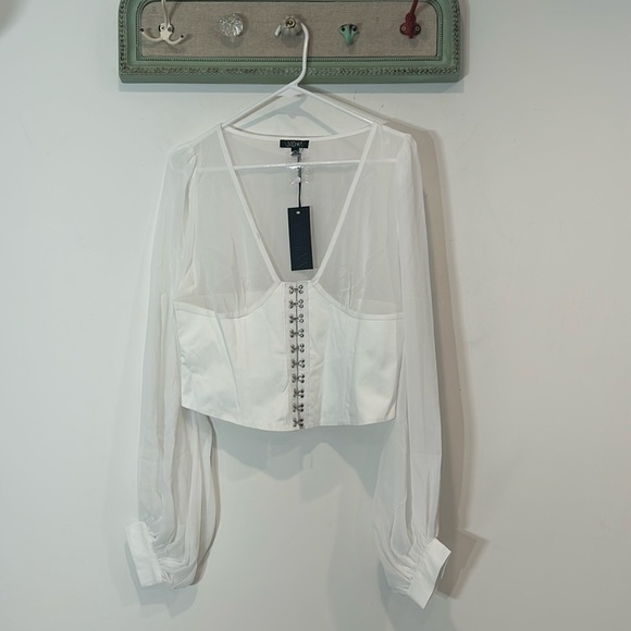 Widow white plunging v neck corset top long blousy chiffon sleeve crop XL shirt - Picture 1 of 8